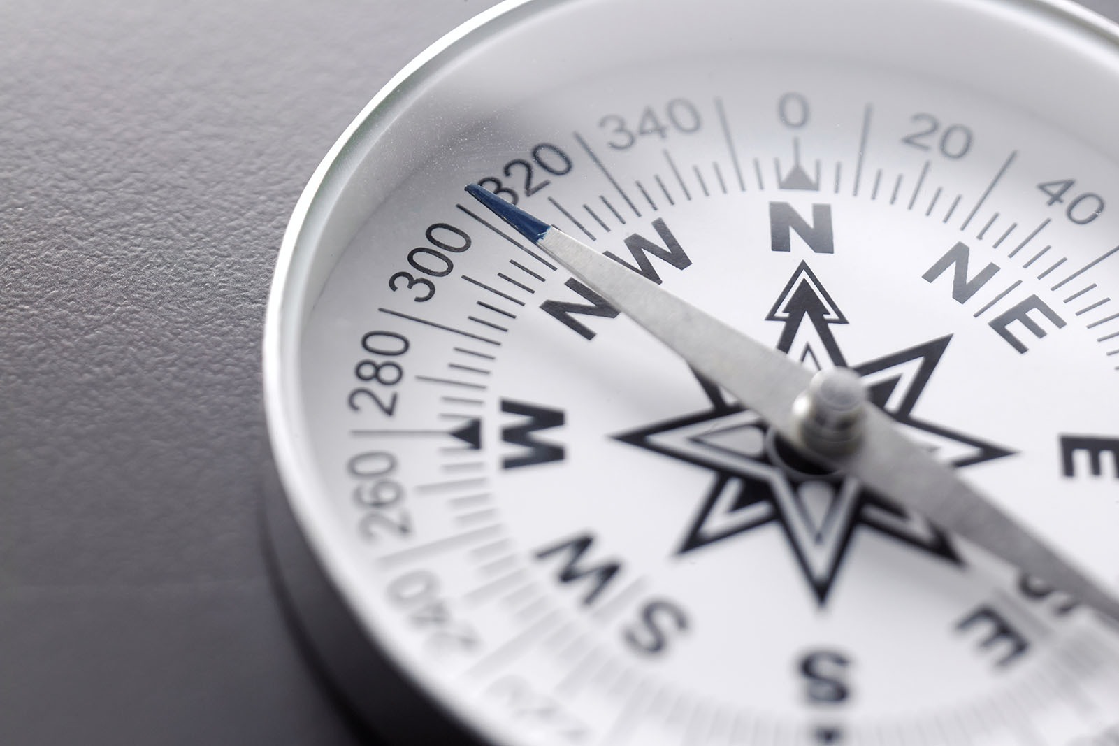 close up white compass on the gray background